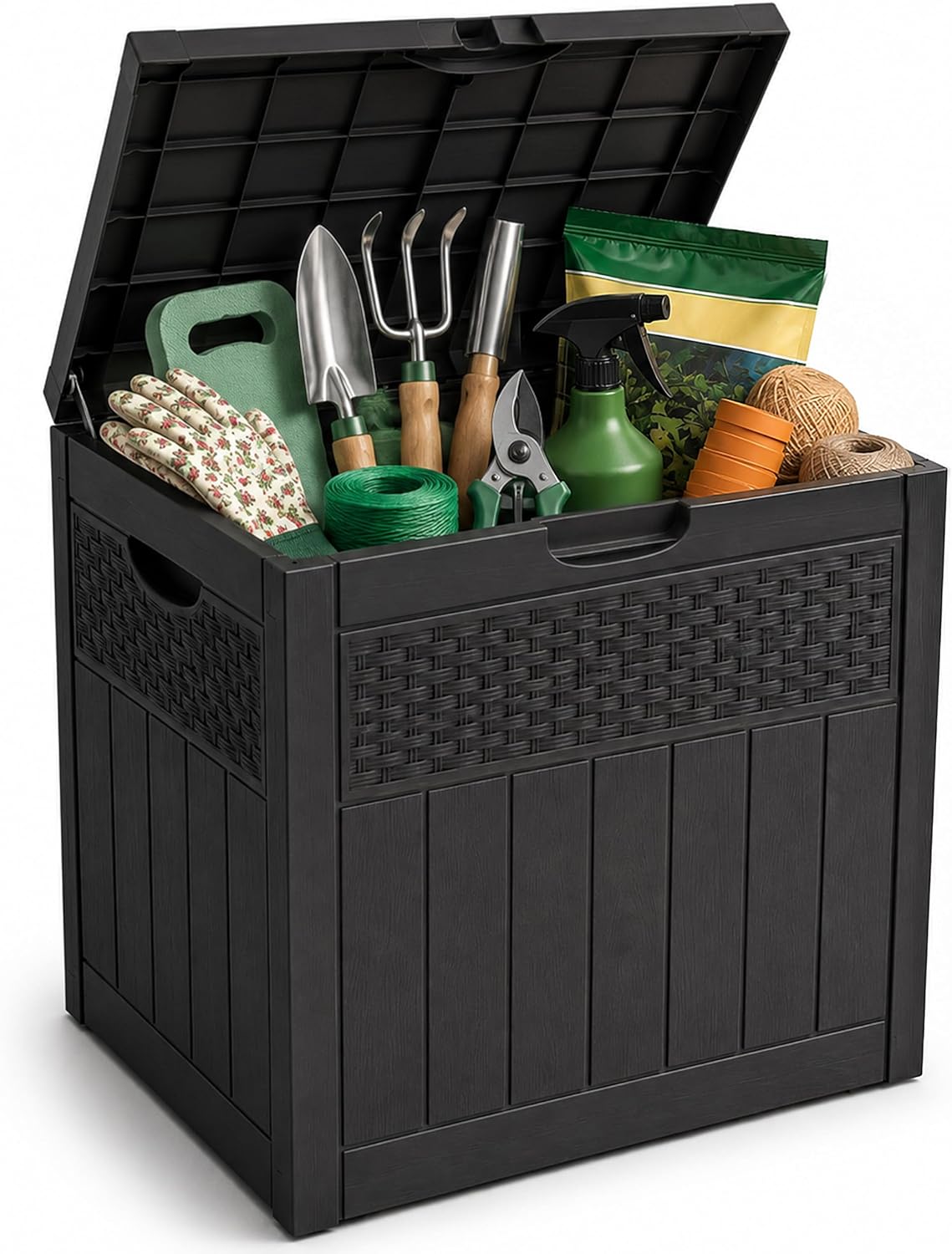 Black 126L outdoor storage box with garden tools and gloves inside