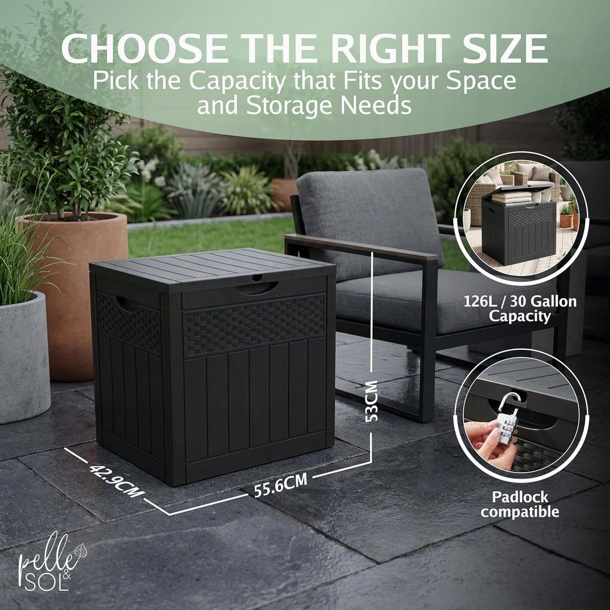 Size guide showing the 126L storage box dimensions on a patio