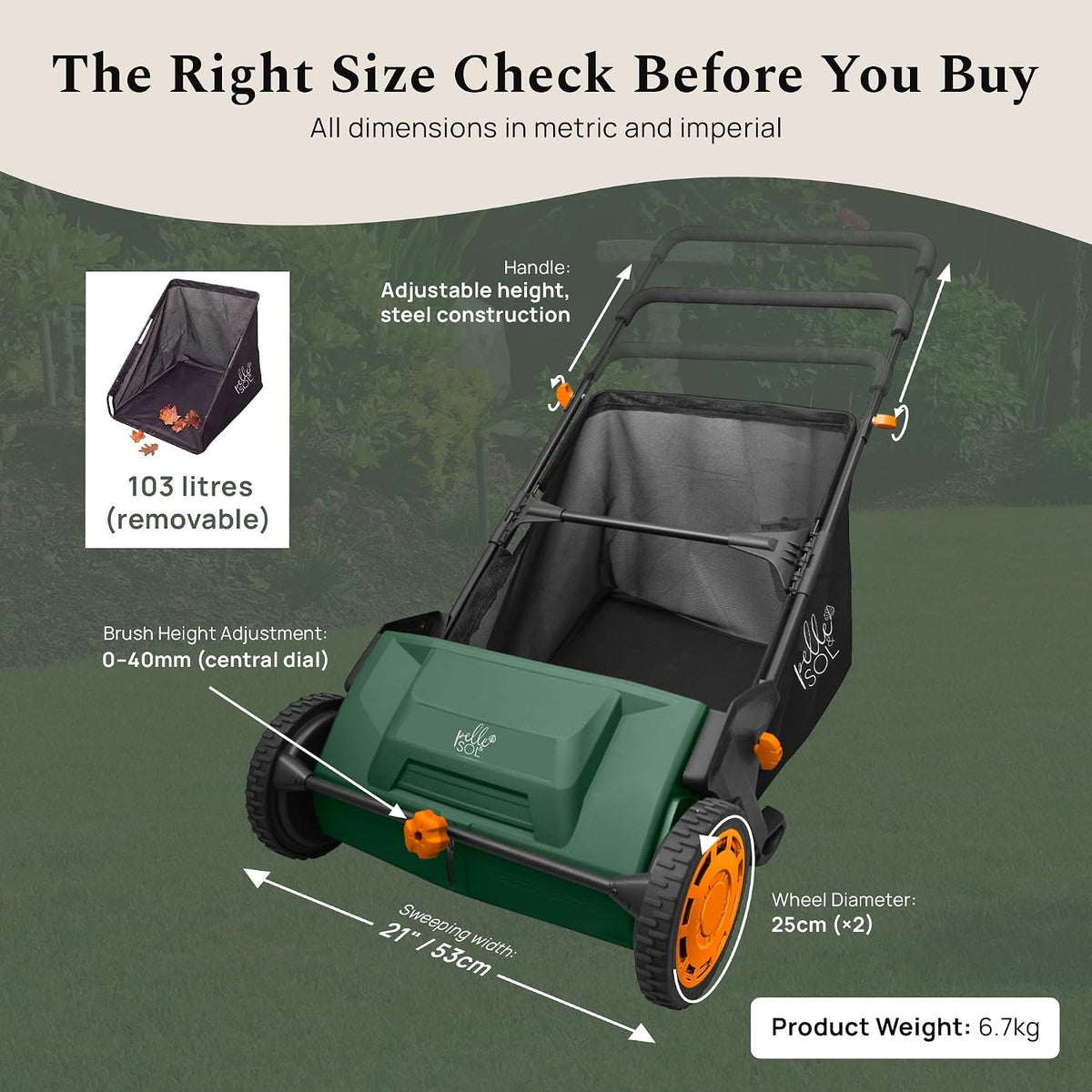 Lawn sweeper size guide with dimensions and product weight