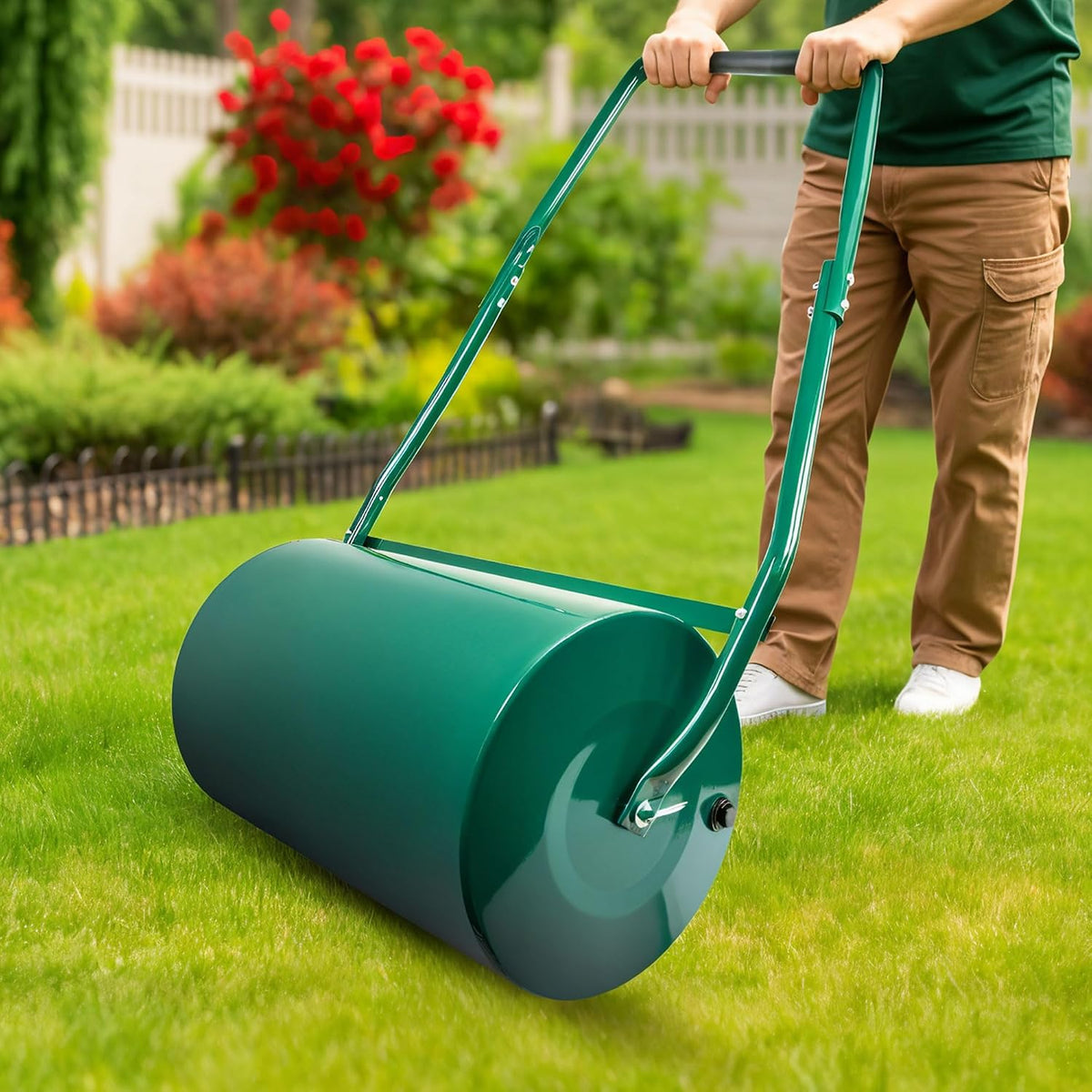 Galvanised steel lawn roller being pushed across a lawn