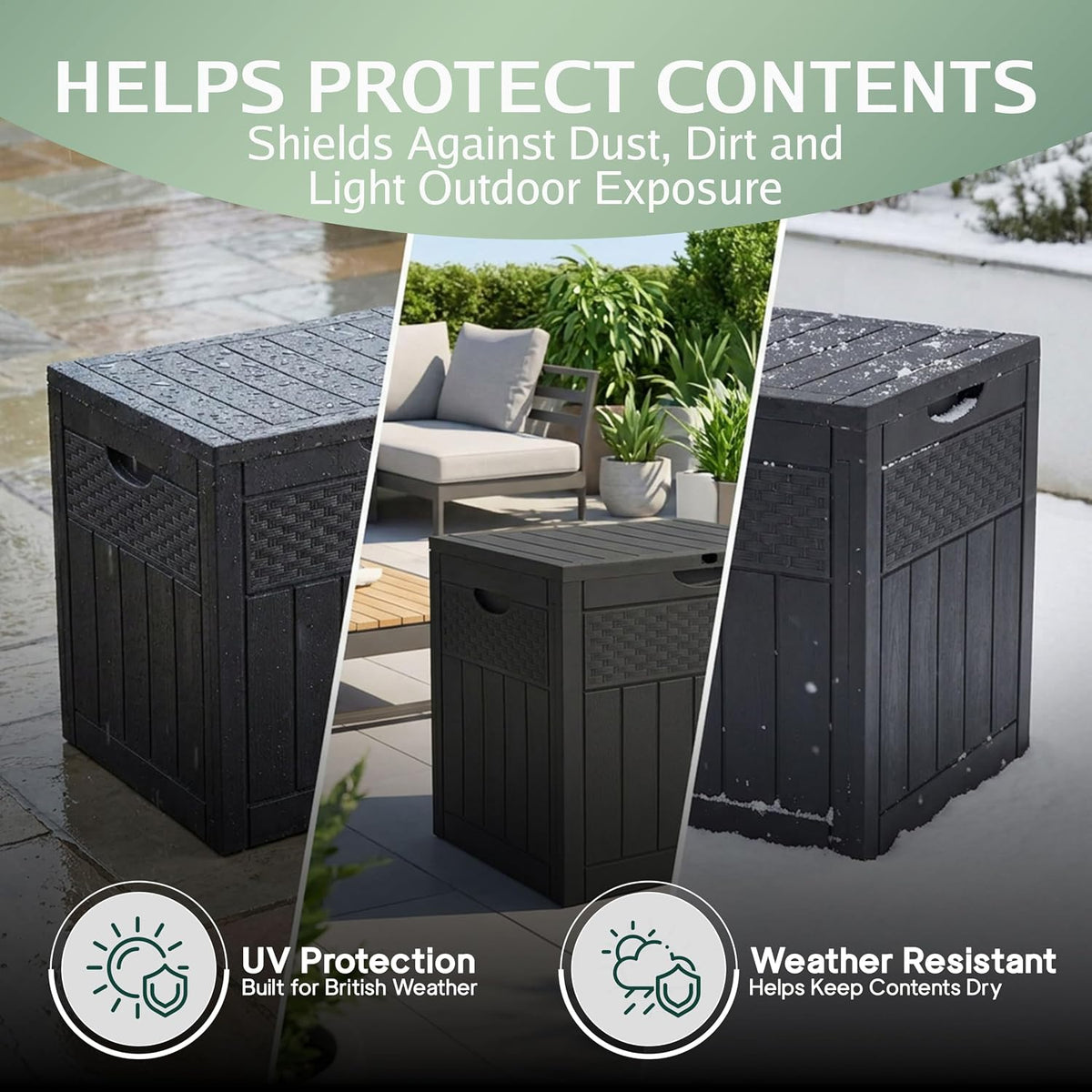 Storage box infographic showing protection from dust, dirt and weather