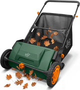 Manual lawn and leaf sweeper with collection bag full of leaves