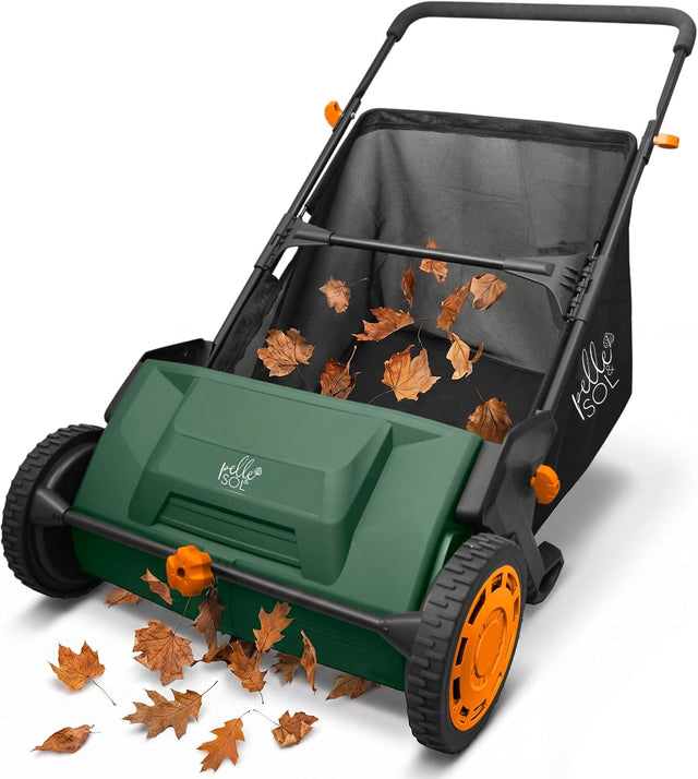 Manual lawn and leaf sweeper with collection bag full of leaves