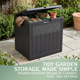 126L storage box on a patio holding cushions and garden tools