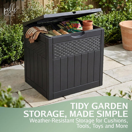 126L storage box on a patio holding cushions and garden tools