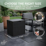 Size guide showing the 126L storage box dimensions on a patio