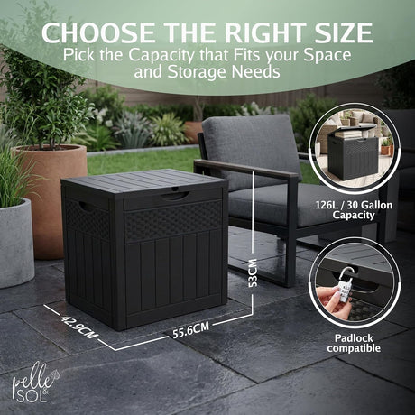 Size guide showing the 126L storage box dimensions on a patio