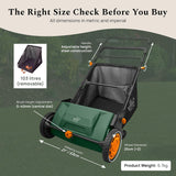 Lawn sweeper size guide with dimensions and product weight