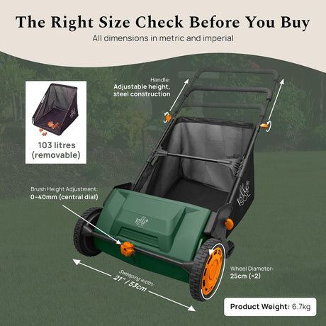 Lawn sweeper size guide with dimensions and product weight