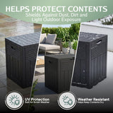 Storage box infographic showing protection from dust, dirt and weather