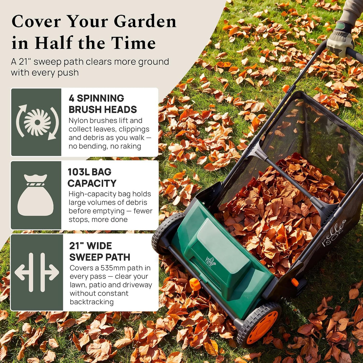 Lawn sweeper collecting autumn leaves with 103L bag and 21-inch sweep width callouts
