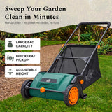 Lawn sweeper on grass with large bag capacity, quick leaf pickup and adjustable height callouts