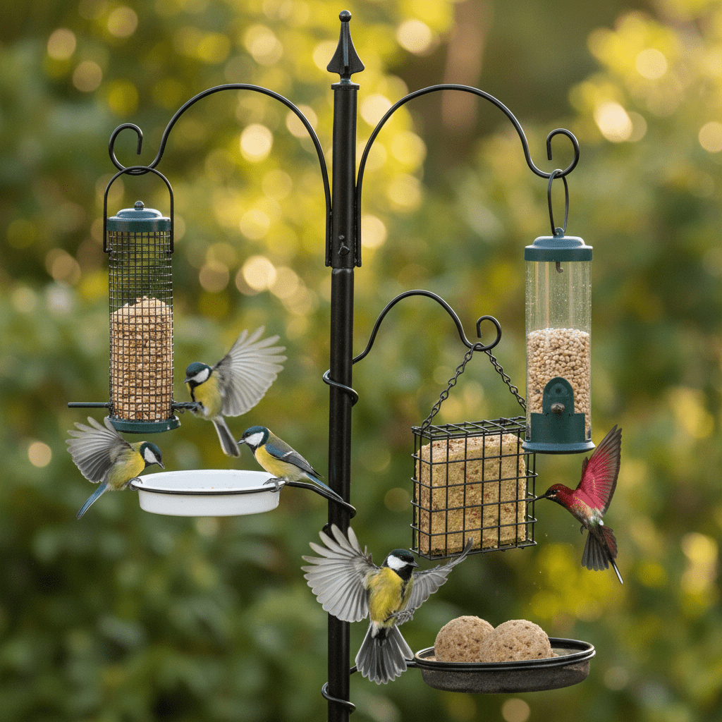 Birds feeding from seed and suet feeders on the bird feeding station