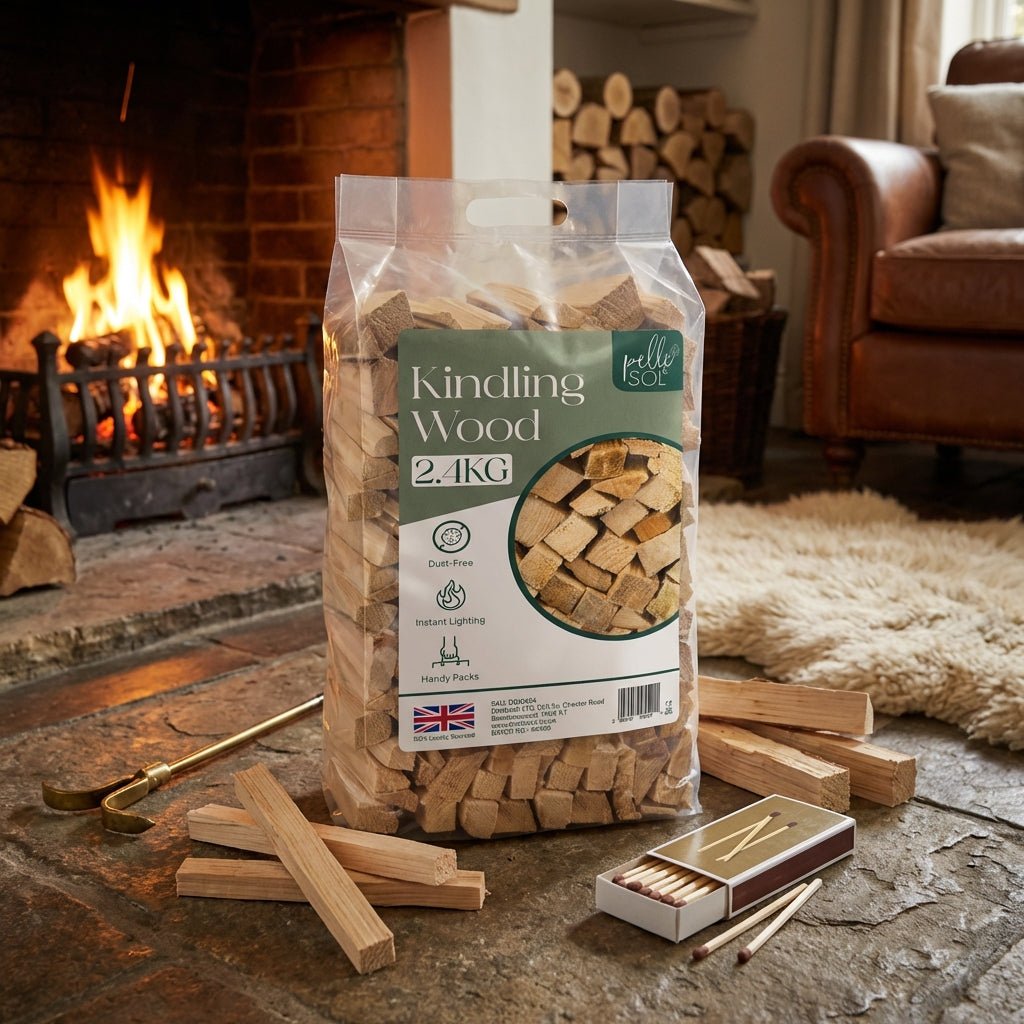 Bag of kindling wood beside a lit fireplace