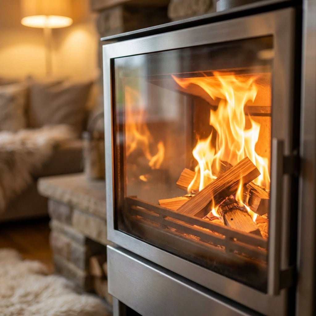 Fire burning brightly in a modern wood burner lit with kindling
